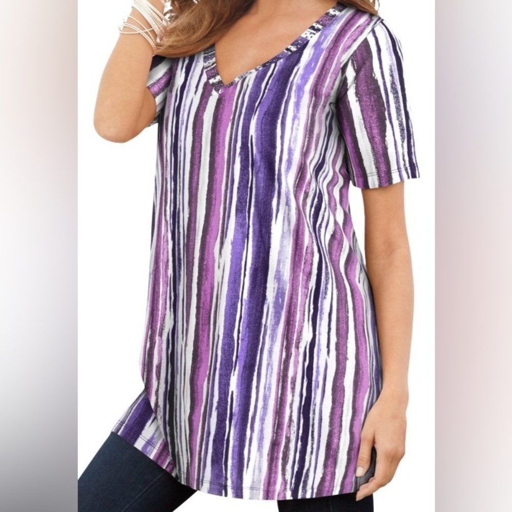 Roaman’s Women’s Plus Size Striped V-neck Short Sleeve T-shirt